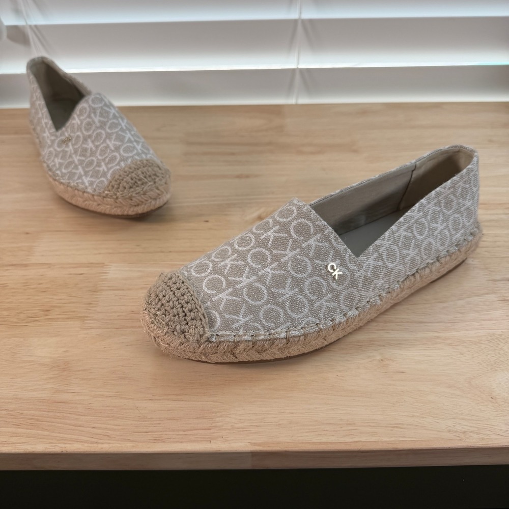 Calvin Klein Popular Espadrille Flats Women Beige Monogram Slip-On Comfort - 6.5